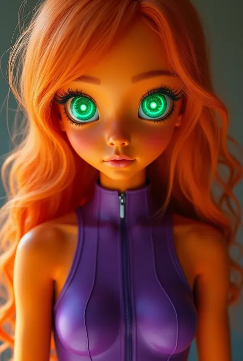 An orange skinned girl, wearing a purple sleeveless power suit. Her eyeballs are bright green, glowing and without pupils inside. She has orange long and wavy hair, an hairbang and she is busty. RAW photo. Beautiful detailed face