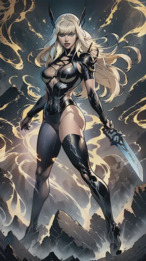 Magik of X-men, Illyana Rasputin with long white hair, piercing blue eyes, wearing a low cut unitard with high cut legs, holding a glowing magical sword, floating in a mystical realm with swirling energy, (best quality,8k,highres,masterpiece:1.2),ultra-det...