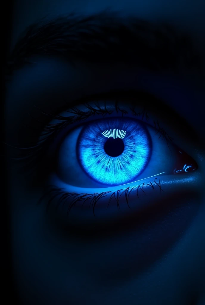 (photorealism1.2) black background, blue eye, neon glow
