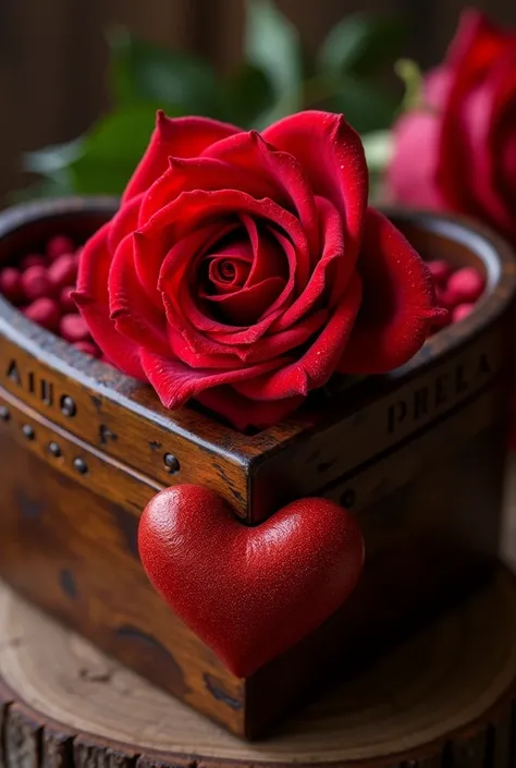 A natural beauty showing a majestic red rose in close-up, on a distinctive background with a varnished wooden trunk in the shape of a heart. The wood presents the writing "ANDREZA " capital letters 
 " with an elegant and sophisticated touch. To the center...