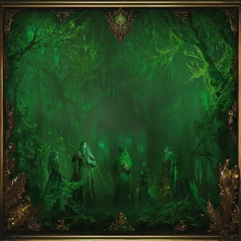 arafed picture of a green background with a gold frame, lovecraftian background, gloomy medieval background, dark green background, steampunk forest background, game overlay, stunning arcanum backdrop, game background, odins stone arena background, rpg bac...