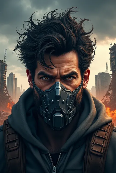 CREATE A DRAWING OF A MAN WITH DARK HAIR, BROWN EYES AND MASKED, GAME THEME IN A APOCALYPSE FOR A LOGO 
