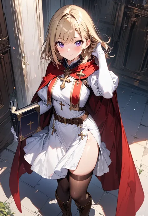 (masterpiece),(best quality),(ultra-detailed),(best illustration),(best shadow),(absurdres),(detailed background),(very aesthetic), 1girl, solo, smile, boots, blonde-hair, purple-eyes, gloves, looking-at-viewer, thighhighs, full-body, cape, white-gloves, d...