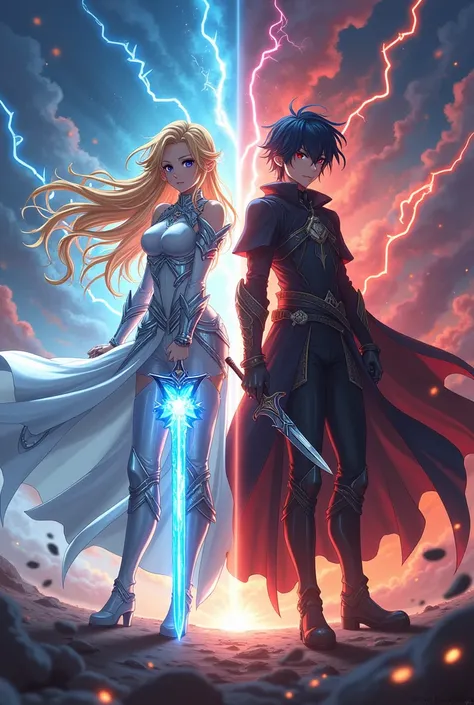 Create 2 characters, one of light and the other of darkness, fighting side by side in anime style.