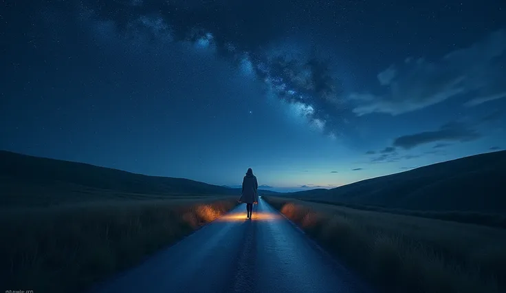 A road stretching into the distance, with a person walking along it under a starry sky, symbolizing the journey of life and the ongoing quest for knowledge and adventure. --ar 16:9