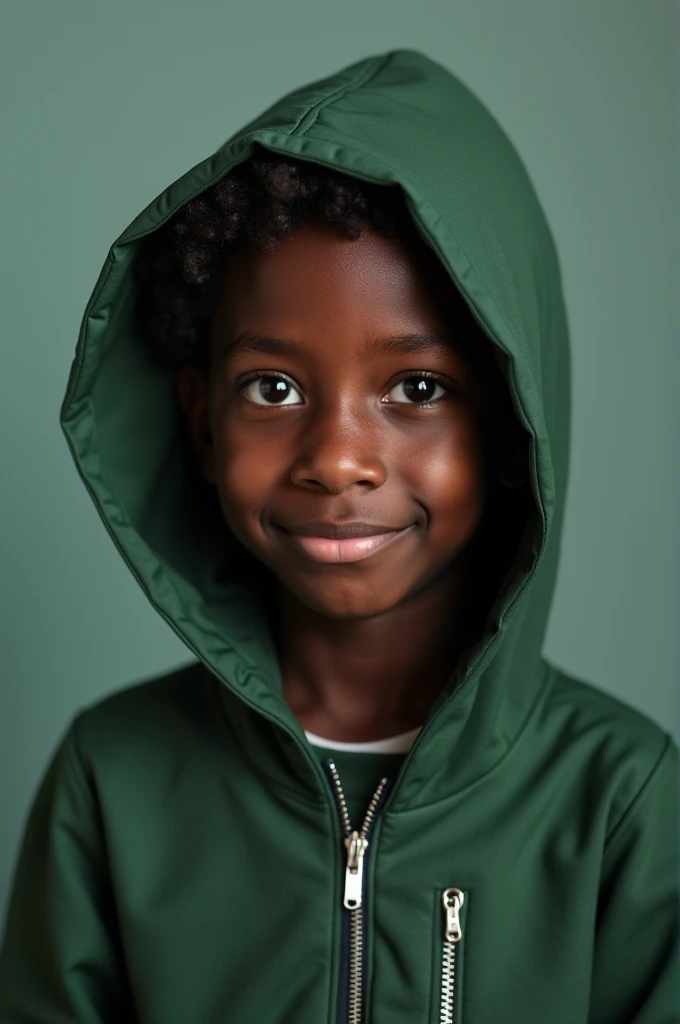 A black boy wearing a green hooded jacket