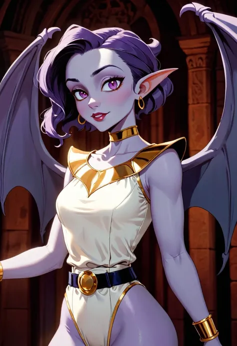 1990s gargoyle in the animation style of Gargoyles: The Goliath Chronicles.  female gargoyle character with a humanoid form, lavender-gray skin, and bat-like wings. She has a sleek, athletic build with sharp claws on her hands and feet, pointed ears, and a...