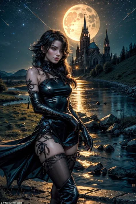 (masterpiece, best quality:1.2), cowboy shot, solo, 1girl, cinder fall, looking at viewer, long hair,black dress, elbow gloves, pantyhose, holding flames, near gothic church, on hillside, mountains in distance, waterfall, crowd, night, stars, moon (volumet...