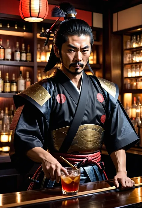 japanese samurai bartender, hyperrealistic, dim light
