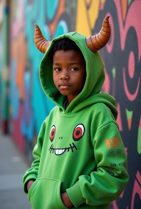 A black boy wearing a green anime-style hoodie with wooden horns