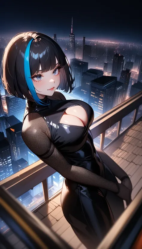 1girl,solo,super detailed skin,shiny skin,expressionless face,evil smile,, black hair, highlights hair, (Blue streaked hair:1.2),bob hair,,hime cut,eyelashes,lips gloss,,large soft breasts,fullbodysuit,fishnet arms,cleavage cutout,ninja costume ,cleavage c...