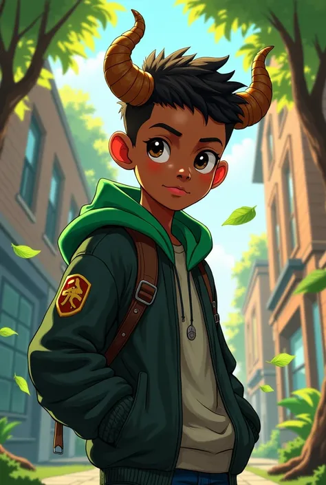 A black boy with a jacket that has a green hood in the anime style with wooden horns