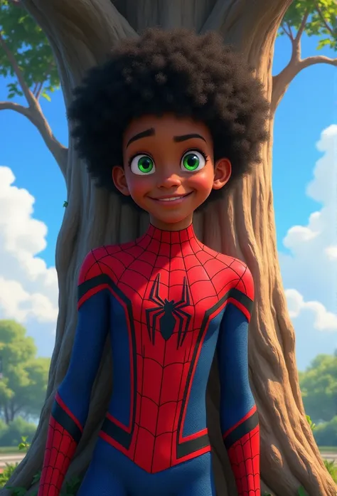 trunk, standing alone, boy, might, pretentious smile, Selfie, looking ahead at viewer, black afro hair, greeneyes, spider man suit, spiderweb print, spiderweb, blue sky, Miles Morales,