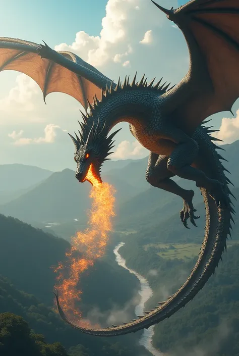 a dragon battle. 1 dragon is 40 meters and the other is 90 meters. Both are majestic. one is black and the other is gray. they are high on a sunny day breathing fire 