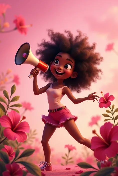 teenage girl with curly hair brown eyes black skin using megaphone with big pink background with hibiscus in disney animation
