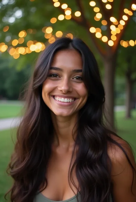 Long dark hair brown skin with bright brown eyes smiling 
