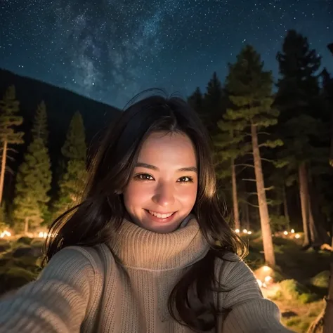 a happy smiling woman taking a selfie in a forest at night, mountains in the background, starry sky, holding a flashlight, wearing a cozy sweater, wooden elements, river, smoke, warm analog color palette, film grain, soft side lighting, extremely detailed ...