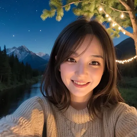 a happy smiling woman taking a selfie in a forest at night, mountains in the background, starry sky, holding a flashlight, wearing a cozy sweater, wooden elements, river, smoke, warm analog color palette, film grain, soft side lighting, extremely detailed ...