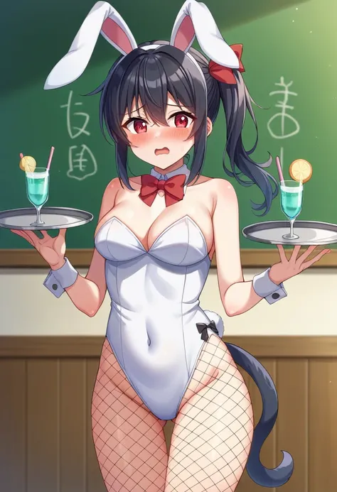  1 person、Long Hair、chest、blush、Mouth open、bangs、大きなchest、shirt、Black Hair、Red eyes、 1 person、ribbon、Animal Ears、Exposing shoulders、Are standing、tail、白いshirt、Heterosexual、pantyhose、Solo Focus、A bow tie、Bunny ears、Side Ponytail、leotard、Fishnet tights、破れたleo...