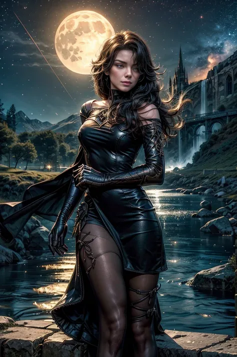 (masterpiece, best quality:1.2), cowboy shot, solo, 1girl, cinder fall, looking at viewer, long hair,black dress, elbow gloves, pantyhose, holding flames, near gothic church, on hillside, mountains in distance, waterfall, crowd, night, stars, moon (volumet...