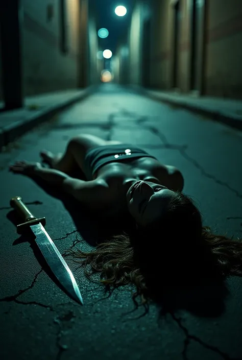 4k, ultra realistic, realistic, textured skin, crime scene, knife, woman, rated pg, dead body