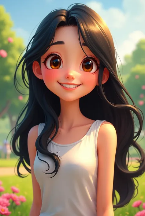 Long dark hair on white skin with bright brown eyes smiling in a cartoon
