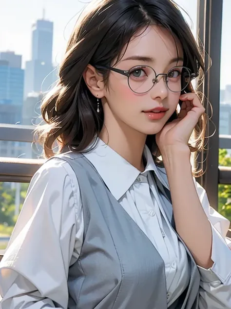 best quality, photorealistic, 8k, ((high res)), ((face shot)), 1 secretary lady, matured female, ((wearing, white collared sleeved shirt, gray vest, a ribbon, glasses)), bow, photo, realistic, best quality, hires, detailed face, office, buildings from wind...