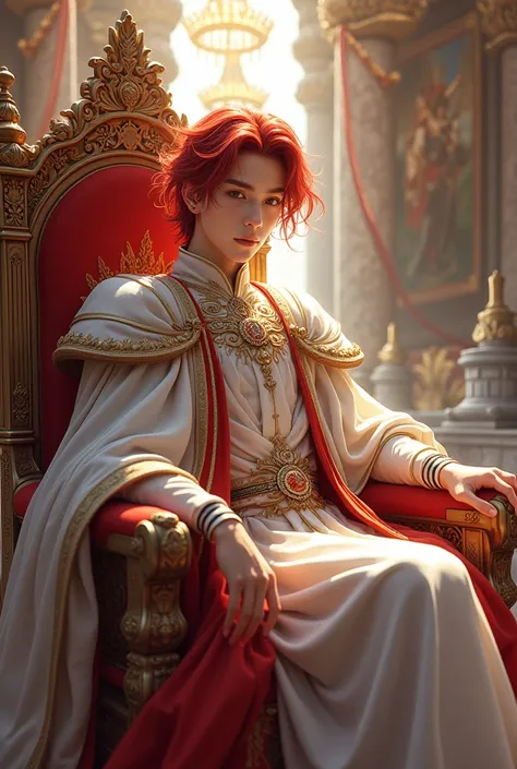 Hinata Shoyo like a prince from the medieval era being delicate sitting on a throne with a white and red costume 