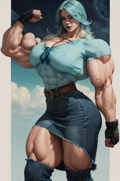 ((Close-up)), tall, (cyan hair) beautiful muscular woman, long beachy hair, pale white skinned, large breast, closed smile, (black lipstick), (massive muscles), (hyper muscle), ((ginormous bulky muscles)), purple eyes, (((cyan shirt))), (((long denim skirt...