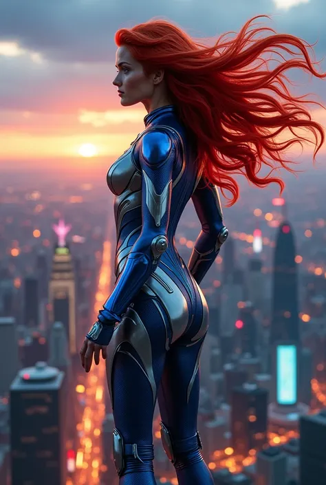 Generate me an image of a red-haired superheroine, with another type of suit