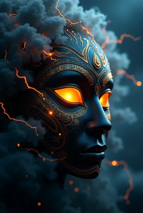 A vantablack mask with golden glowing irises, adorned with native american and mesoamerican decor, dark blue and black thunderclouds in the background, crackling static lightnings from the body, dynamic shot, side angle shot, close-up shot, high angle shot...