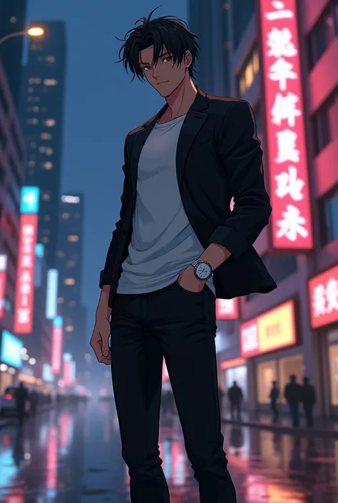 Anime Man with Messy Laid-back Black Hair, Dark Brown Eyes, Light Brown Skin, Athletic Body and Broad Shoulders.
Wearing a Black Mask on Face, Sliver Watch on Wrist, Black Suit with a White T-shirt Underneath and Black Jeans, Black Sneakers.