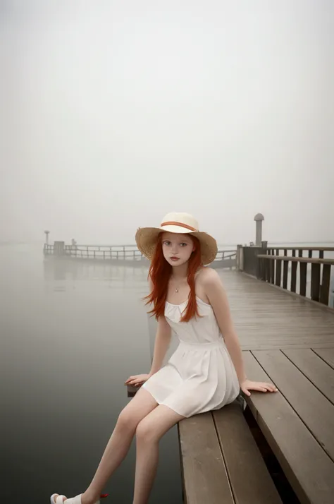 Redhead teenager sitting on a pier.  She wears a wide-brimmed hat.  Lost look.  70sIntense fog.  Nymphet.  Soft focus.  Fog filter. Dreamy atmosphere.  Granulated.  In the style of photographer David Hamilton.  Misty with romantic airs.  Analog.