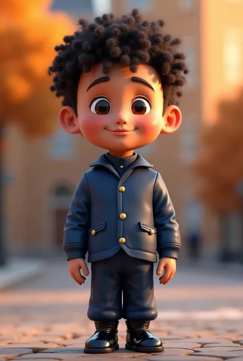 Create a 3D mascot with an adult face without a beard, male, light brown, thin with a thin face and a thin chin, with brown eyes, in a dark blue uniform with dark blue pants, without a logo, without details, with black boots. , and also with curly hair , 小...