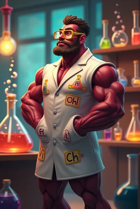 A wine-colored man resembling a funnily, visible muscles and clothes of a professional in chemistry and a relaxed appearance 