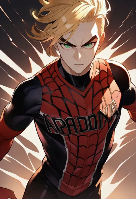 2d illustration of a Young man with shaved blond  hair with Prominent eyebrows, Green eyes and white complexion. With athletic body dressed in the Spiderman suit And an Arizona Diamondbacks jersey