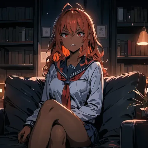 NSFW, anime girl sitting on a sofa in a library with a lamp, Moe anime art style, bright red eyes, looking disgusted, looking angry, eyebrows raised, eyes wide open in shock, mouth making a grimace of repulsion showing teeth,  4K anime style, anime art wal...