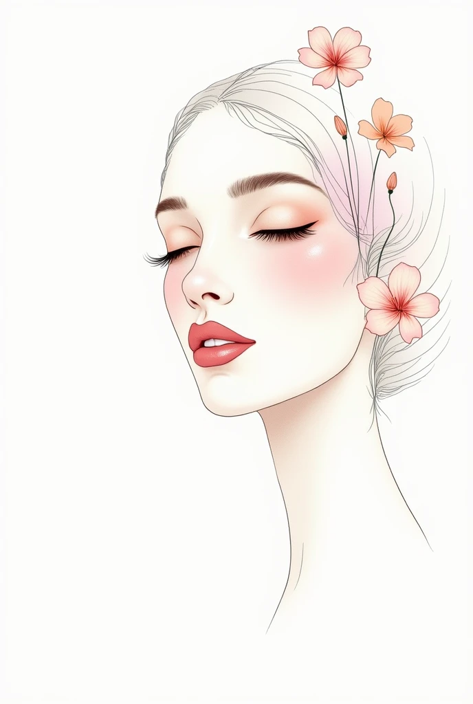 half of a feminine face in a thin stroke without many details, with flowers in their hair in pastel colors, delicate picture, white background.