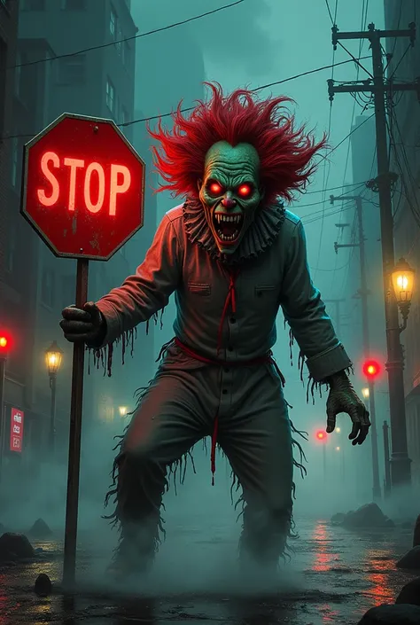 A nightmarish zombie character with dark green skin and an exposed jaw, his huge mouth twisted in a scream. His eyes glow with angry red energy, and he wears a blood-colored clown wig. His torn gray clothing flaps in the wind, as he wields a "STOP" sign me...