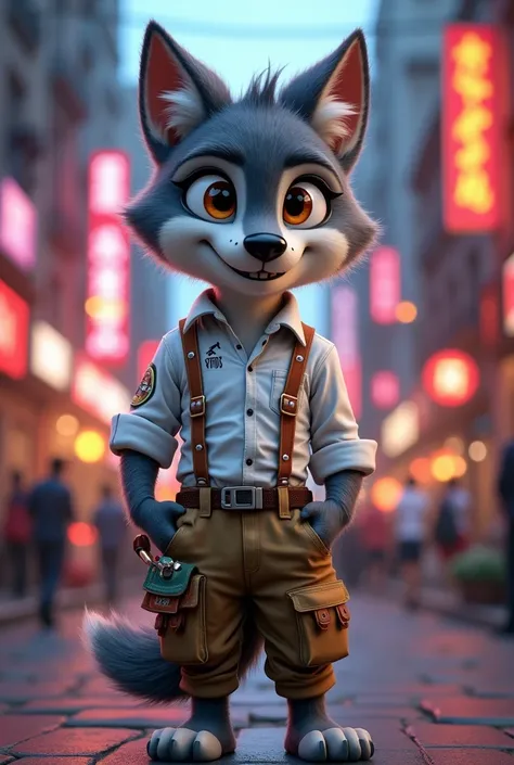      A cartoon wolf with a human body, wearing a formal shirt, with cargo pants