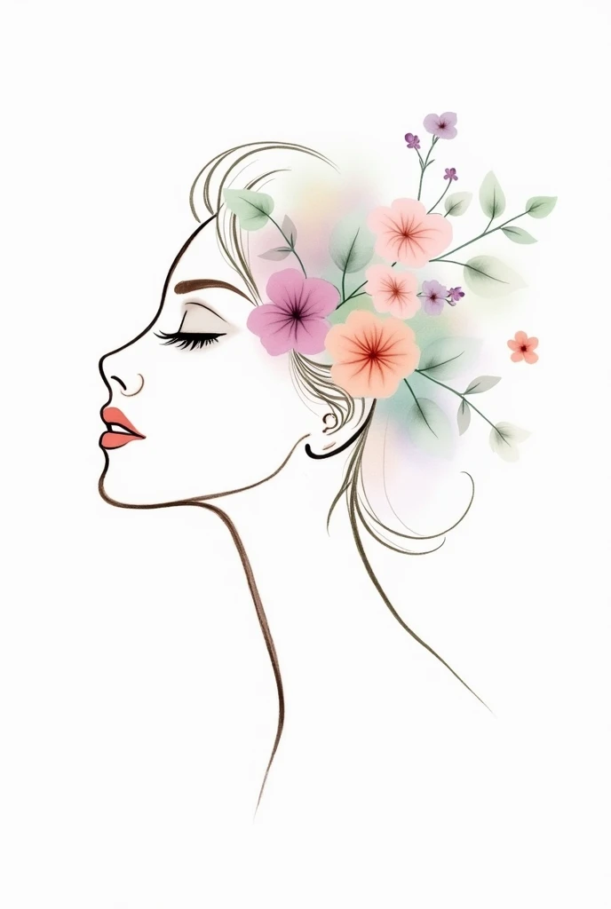 half of a feminine face in a thin stroke without many details, with flowers in their hair in pastel colors, delicate picture, white background.