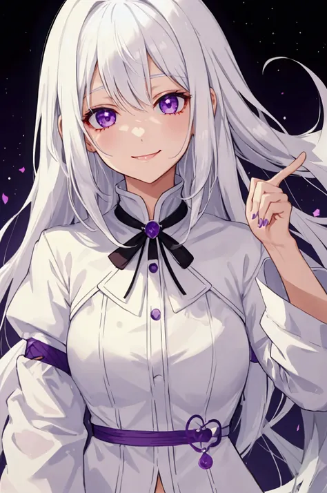 A girl, white hair, purple eyes, smile.