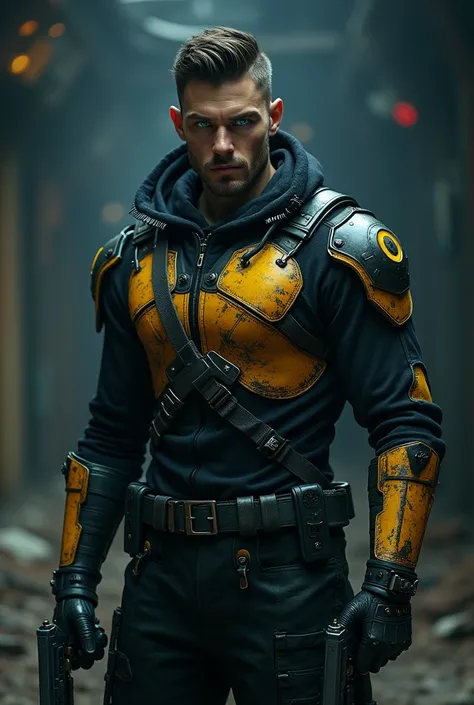 Male RPG, realistic tall, 1,80 white, weighing 80 kg and thin blue eyes, with two pistols, high-breed male clearance, cyberpunk style chest armor with vintage color. no back ground