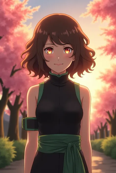 A character from Naruto: the last do clã Hyuuga com olhos de Byakugan, brown curly hair that hits the shoulder. Her black clothes with small green details and a small smile on her face.