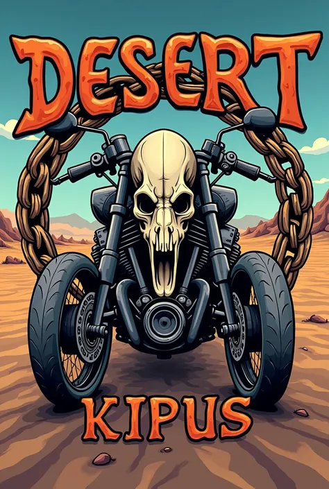 Create a logo for motorcyclists that says the phrase "Desert Kipus"  This logo should have a V-twin engine with an Inca skull and motorcycle chains around it 