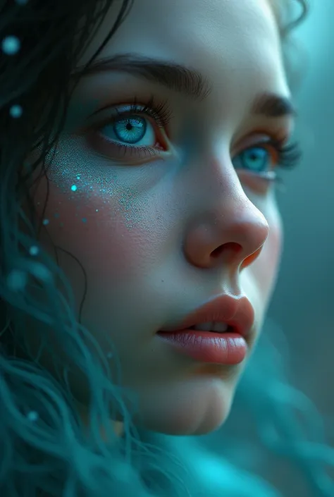 Close  up：blue-eyed、A woman with a radiant face, surrealismo de Beeple, popular on art station, Fantasyart, hyperrealistic Fantasyart, beautiful digital art, 8K photorealistic digital art, 4k realistic digital art, 4k realistic digital art, Brandon Wolfell...