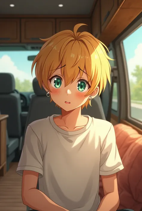 Golden-haired boy,with 18 years, light sea green eyes white skin , Lean, with earrings in his ears, embarrassed, sitting inside a van. anime styling 