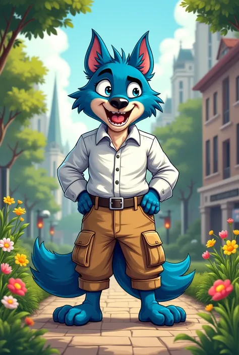      A cartoon wolf with a human body, wearing a formal shirt, with cargo pants