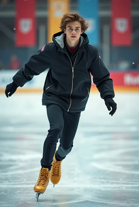 Draw a young adult skater, American man,with golden ice skates,skateboarding clothes,on the skating rink,who is also a doctor and because of ice skating he got a scholarship at Harvard University,brown hair and green eyes.