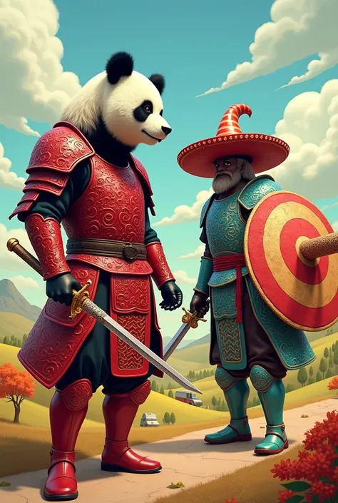 Panda Express restaurant as a traditional Chinese warrior in red Chinese medieval armor. Panda Express warrior has a bamboo sword. Panda Express warrior stands alongside the Taco Bell warrior in teal and purple medieval armor. Taco Bell warrior has a giant...